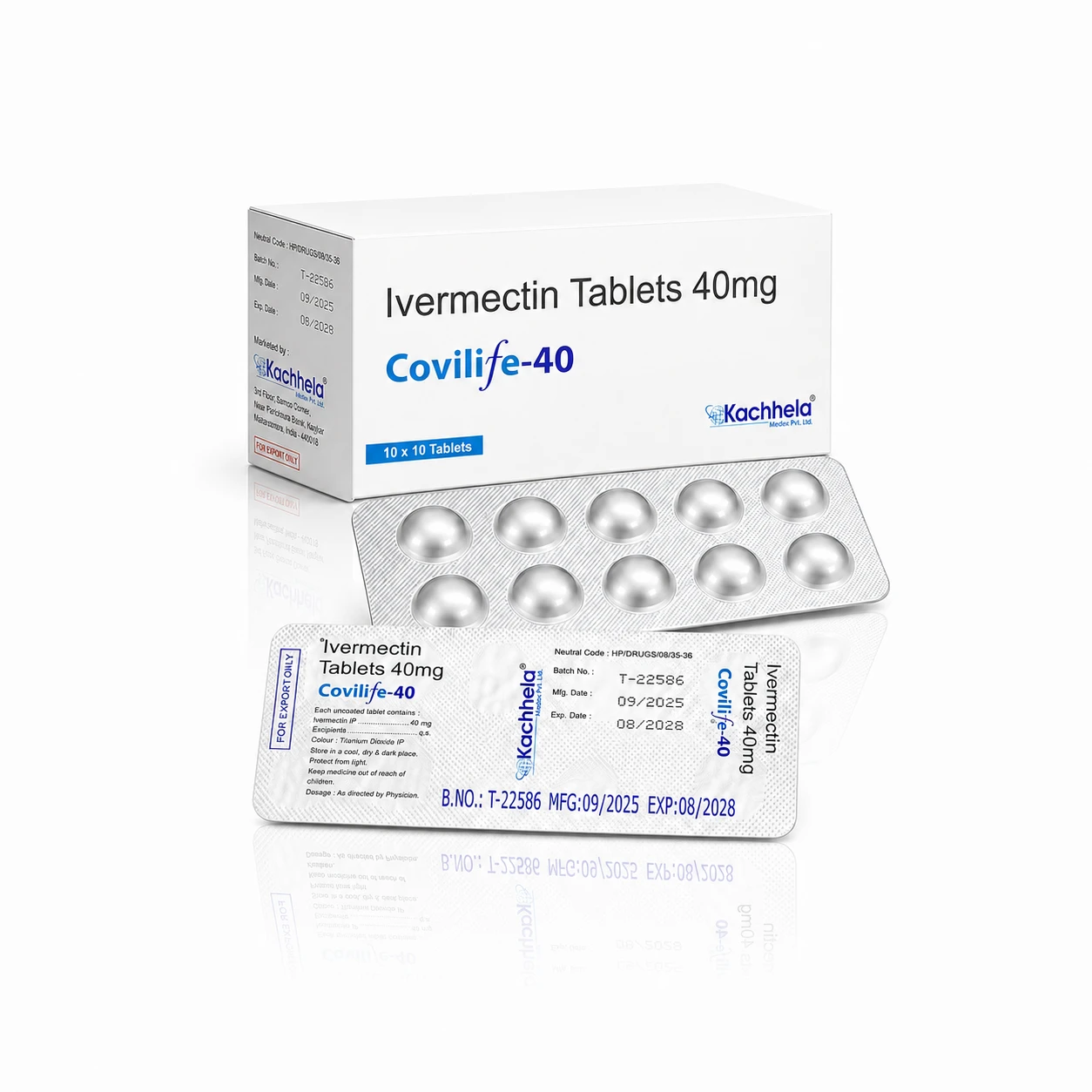 Covilife-40 Ivermectin 40mg tablets with box and blister packs on white background